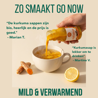 Zo smaakt Go Now: kurkumasap in een kop thee, mild en verwarmend, met klantcitaten
