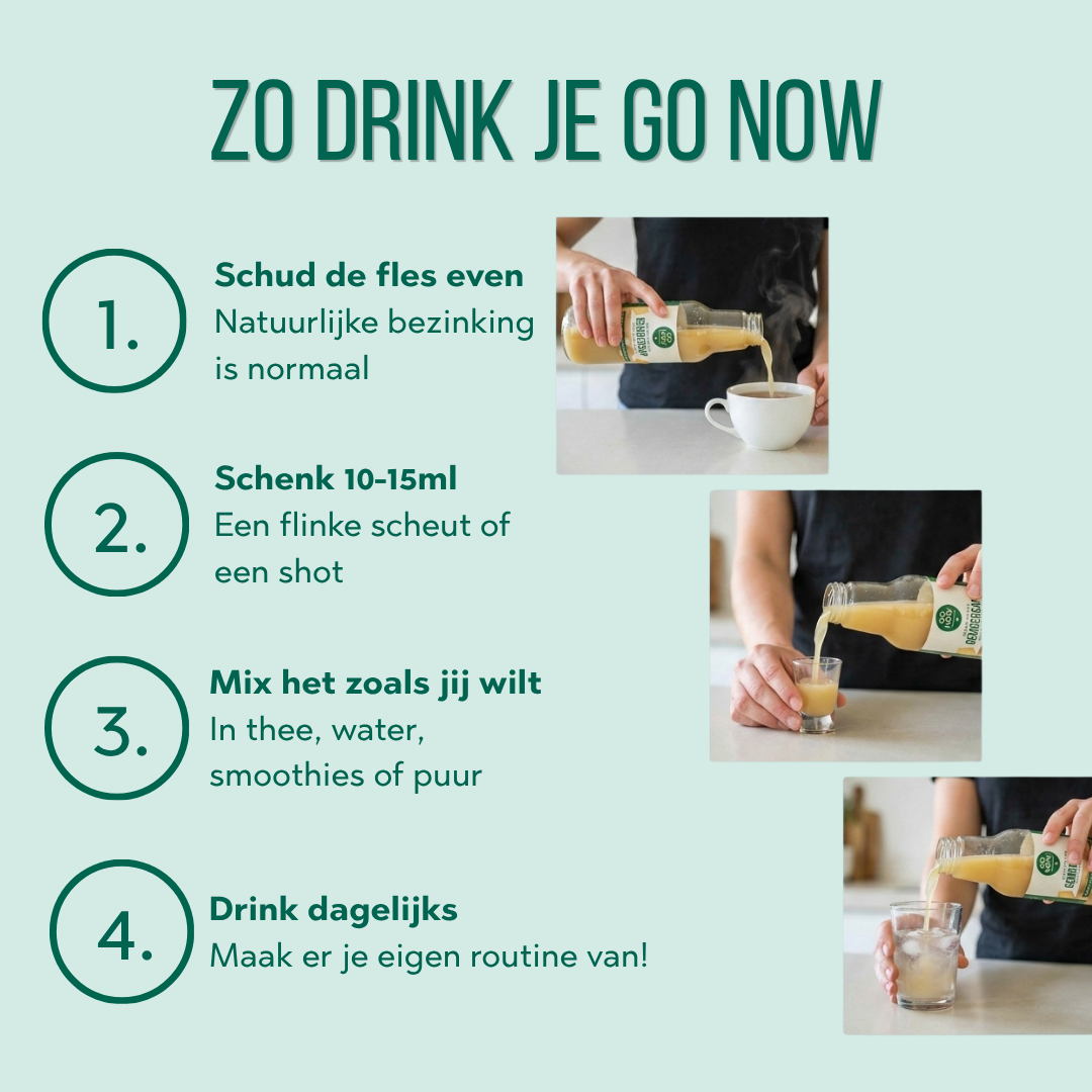 Zo drink je Go Now: schud de fles, schenk 10 tot 15 ml, mix naar wens en drink dagelijks