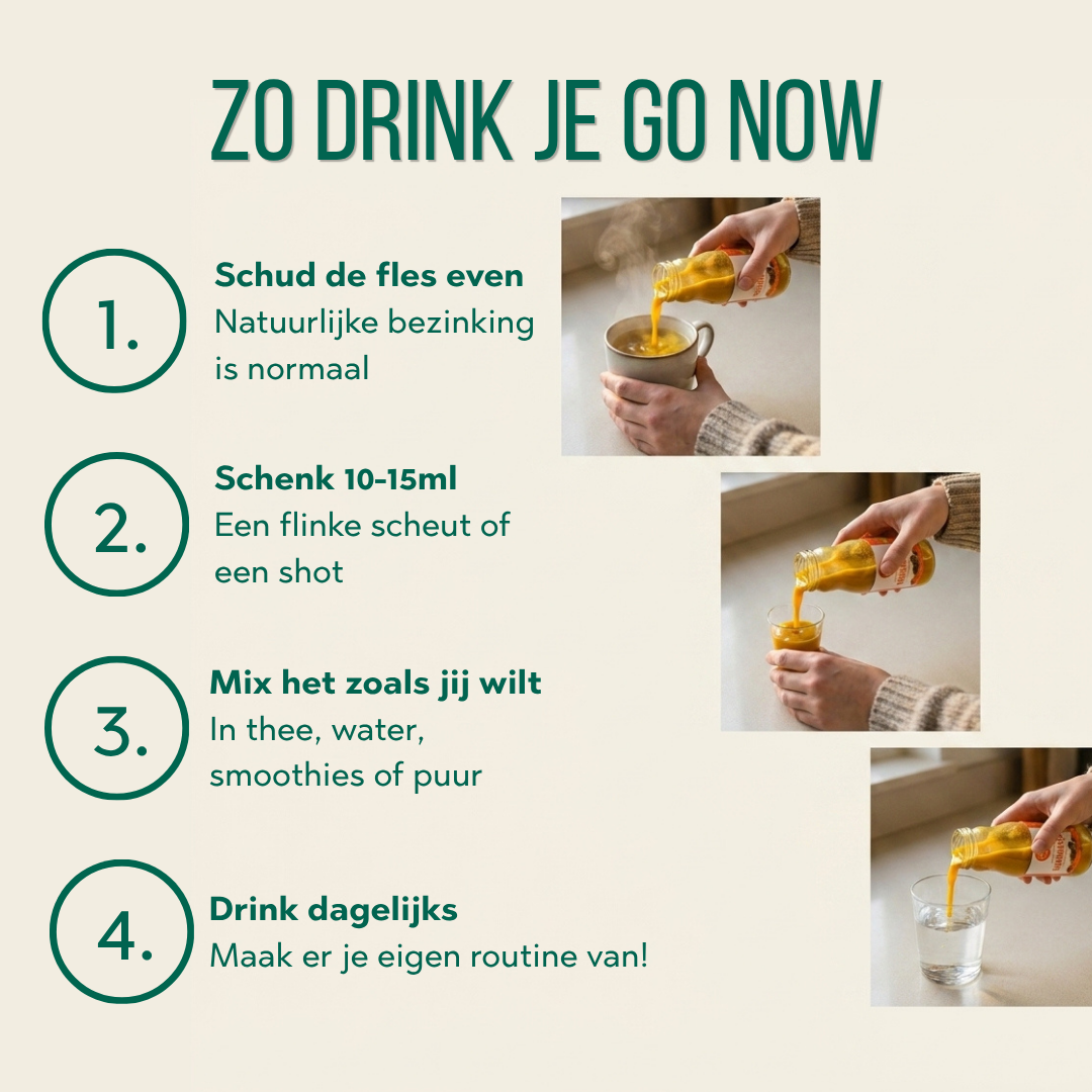 Zo drink je Go Now: schud de fles, schenk 10 tot 15 ml, mix naar wens en drink dagelijks