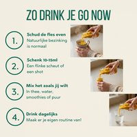 Zo drink je Go Now: schud de fles, schenk 10 tot 15 ml, mix naar wens en drink dagelijks