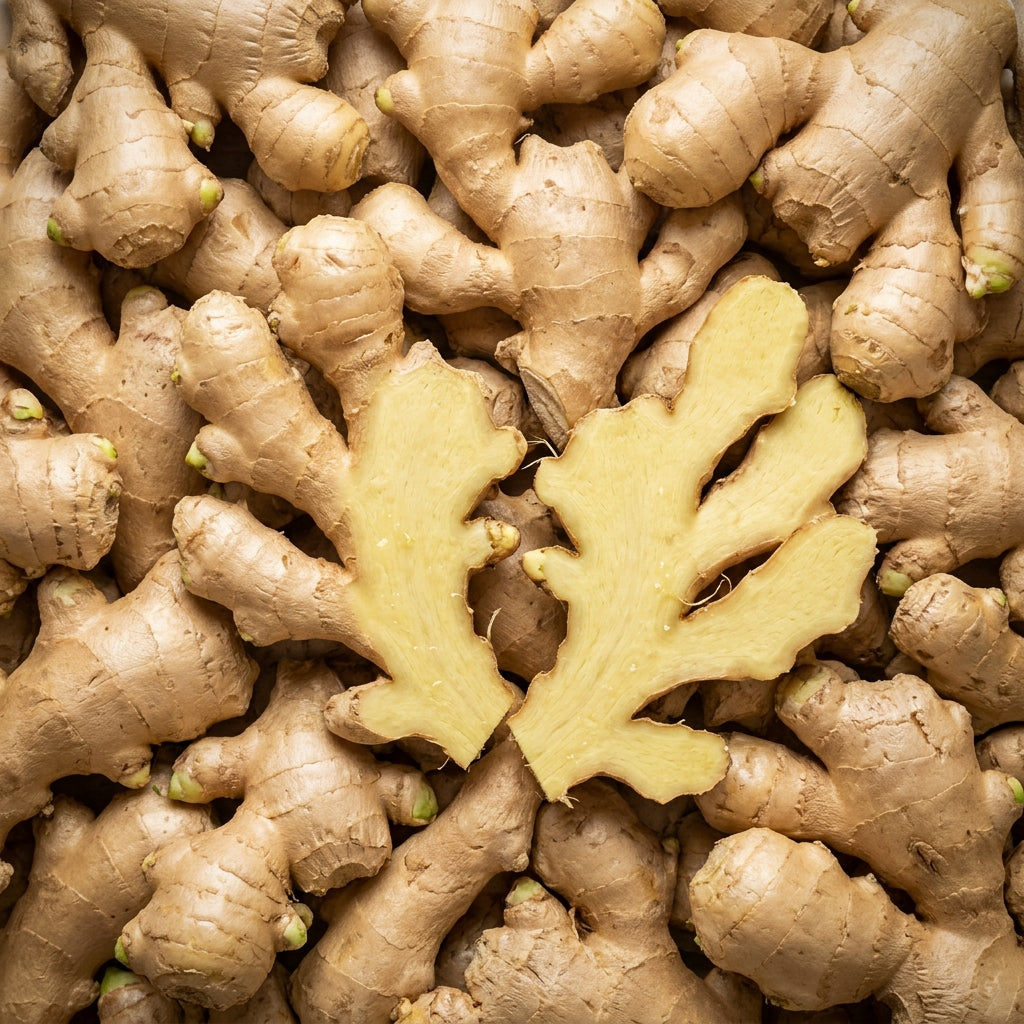 Fresh organic ginger roots, one cut in half