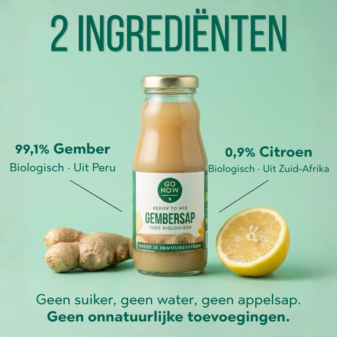 Twee ingrediënten: 99,1% biologische gember uit Peru en 0,9% citroen, zonder suiker of water