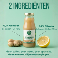Twee ingrediënten: 99,1% biologische gember uit Peru en 0,9% citroen, zonder suiker of water