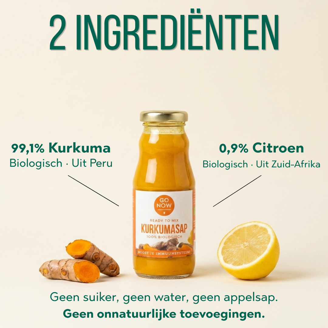 Twee ingrediënten: 99,1% biologische kurkuma uit Peru en 0,9% citroen, zonder suiker of water