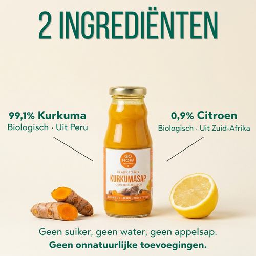 Twee ingrediënten: 99,1% biologische kurkuma uit Peru en 0,9% citroen, zonder suiker of water