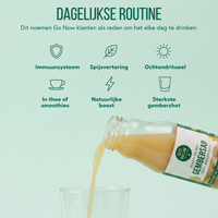 Dagelijkse routine: waarom klanten Go Now elke dag drinken, gembersap wordt in een glas geschonken