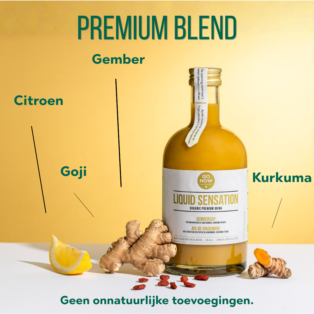 Premium blend Liquid Sensation: gember, kurkuma, goji en citroen, zonder onnatuurlijke toevoegingen