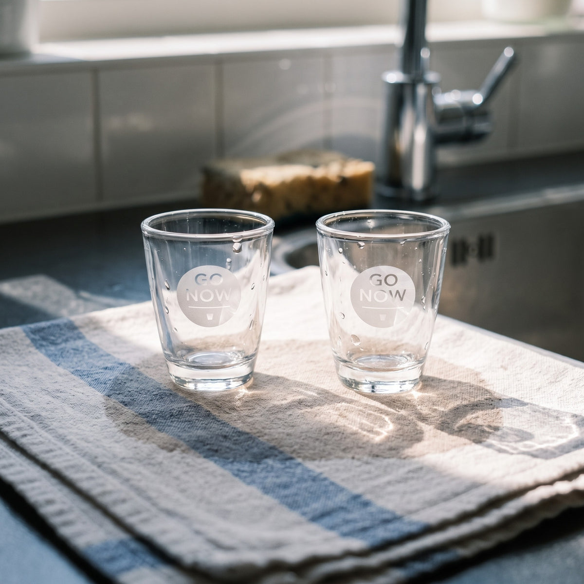 Twee net afgewassen Go Now shotglazen op een linnen theedoek naast de gootsteen