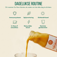 Dagelijkse routine: waarom klanten Go Now elke dag drinken, kurkumasap wordt in een glas geschonken
