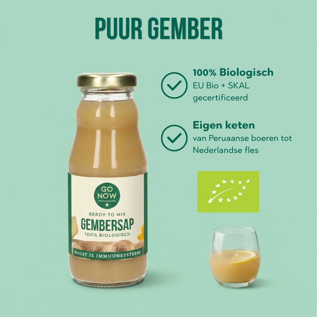 Puur gember: 100% biologisch, EU Bio en SKAL gecertificeerd, uit eigen keten van Peru tot Nederland