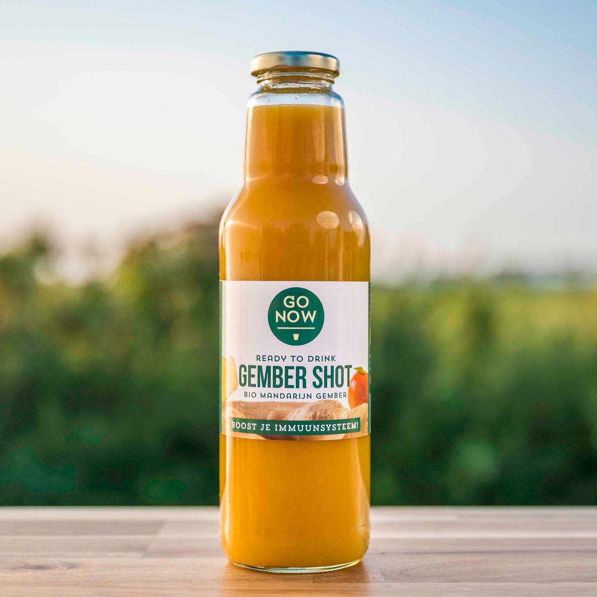 Fles Go Now Gember Shot 750ml met mandarijn en gember, buiten op een houten tafel