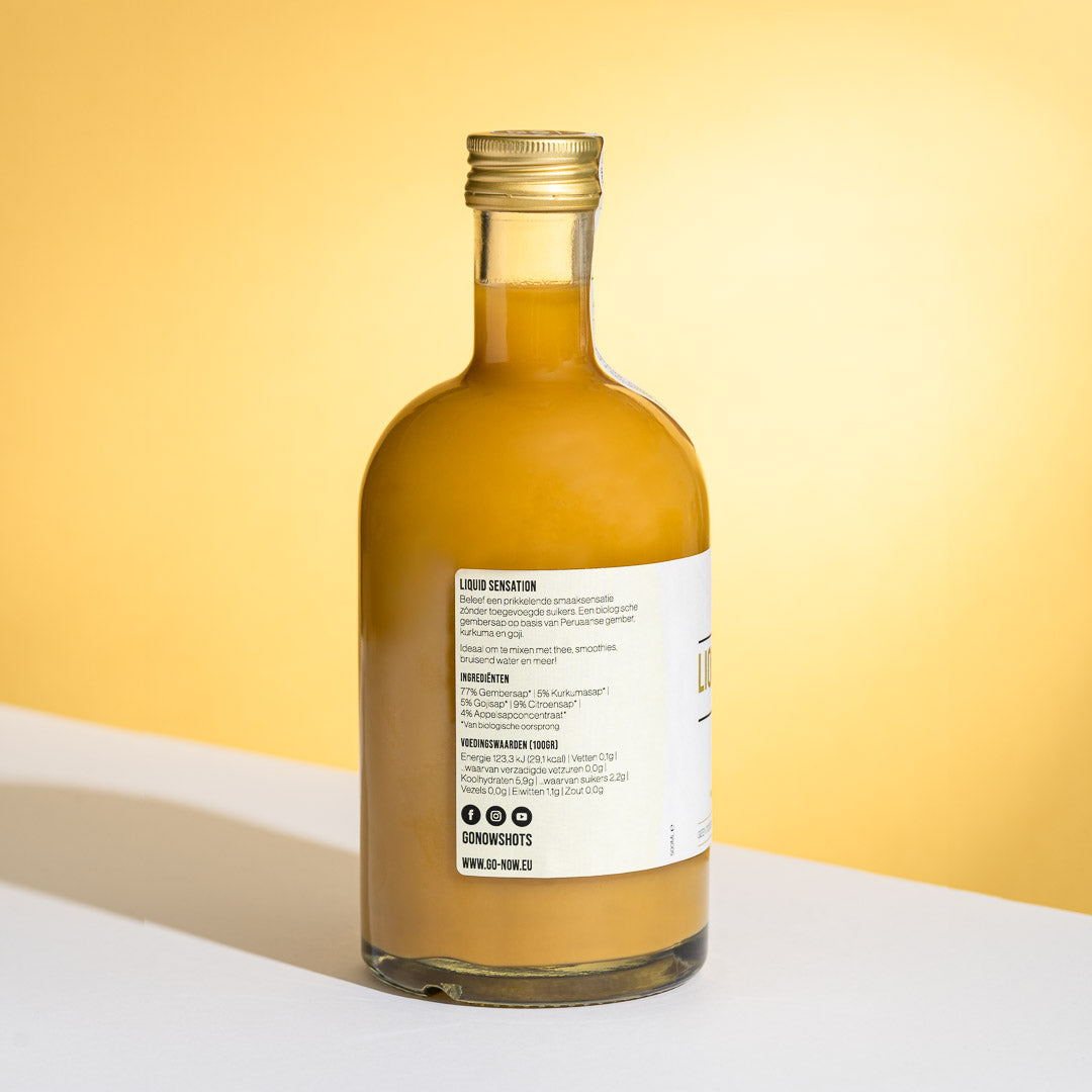 Zijkant van de fles Liquid Sensation 500ml met etikettekst