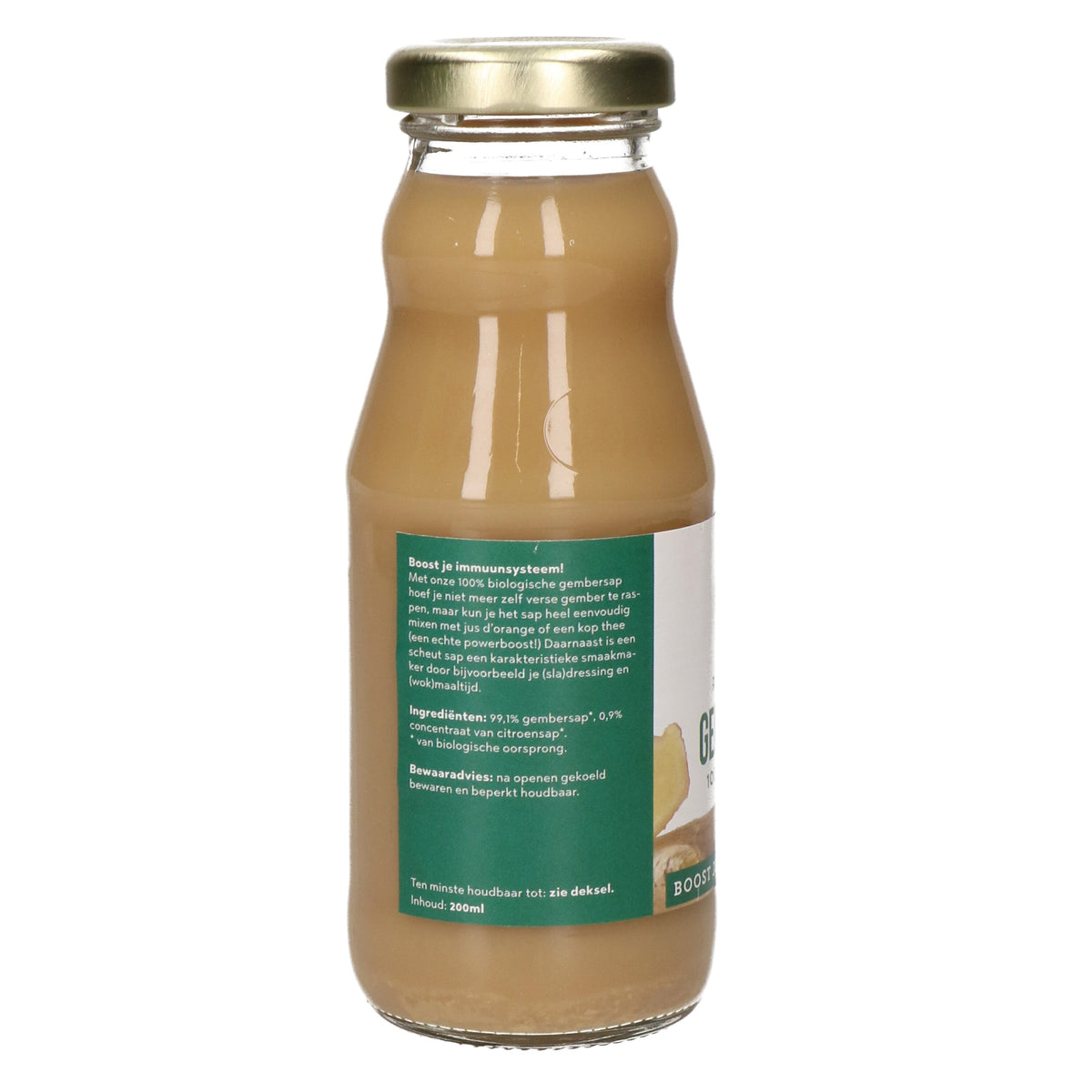 Zijkant van het flesje Pure Gembersap 200ml met ingrediënten en bewaaradvies