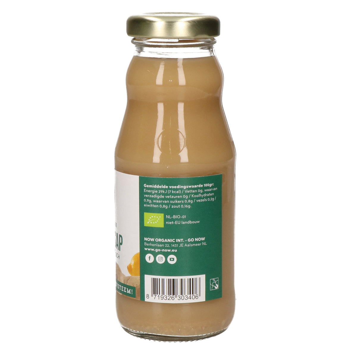 Achterkant van het flesje Pure Gembersap 200ml met voedingswaarden en Bio-keurmerk