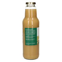 Zijkant van de fles Pure Gembersap 750ml met ingrediënten en bewaaradvies