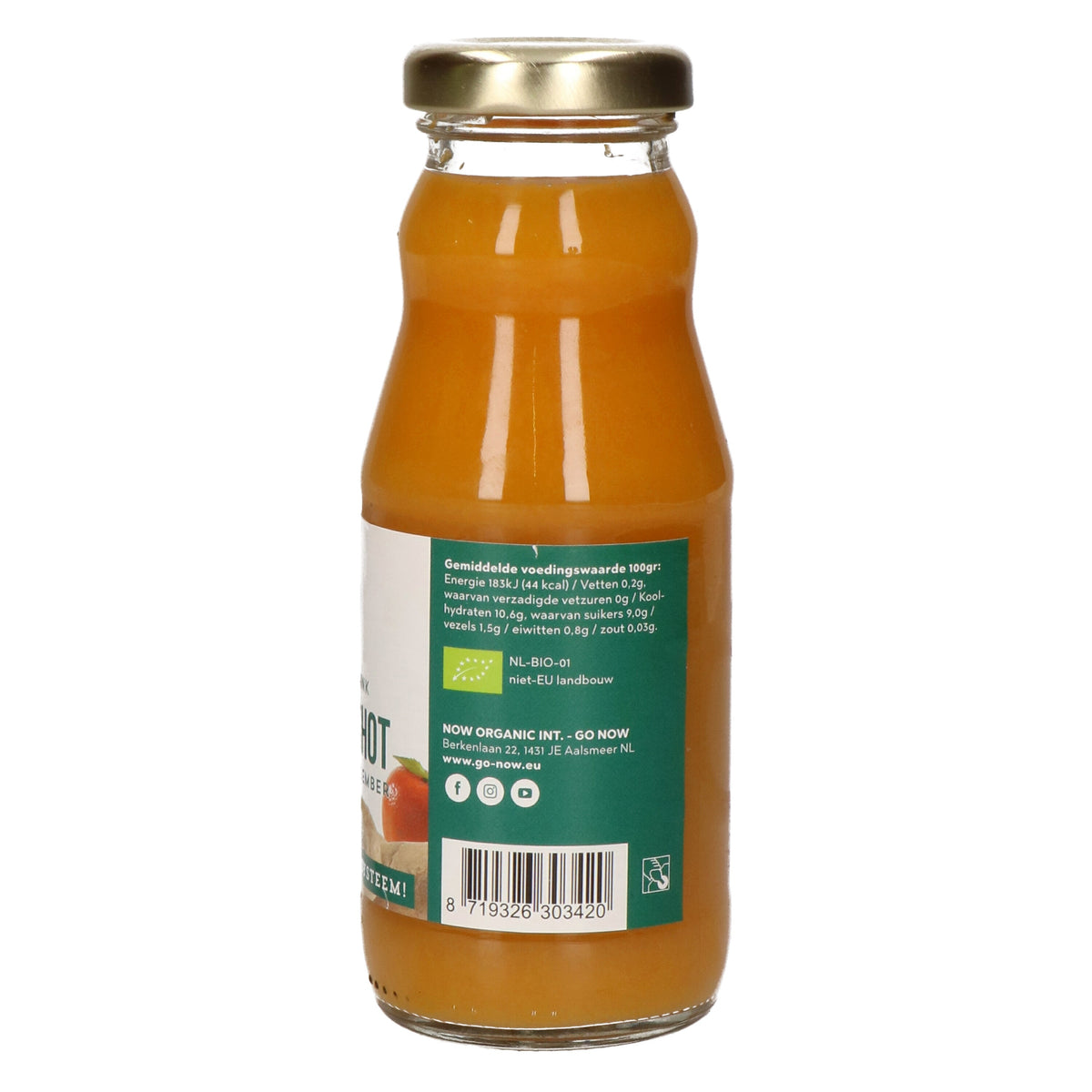 Achterkant van het flesje Gember Shot 200ml met voedingswaarden en Bio-keurmerk