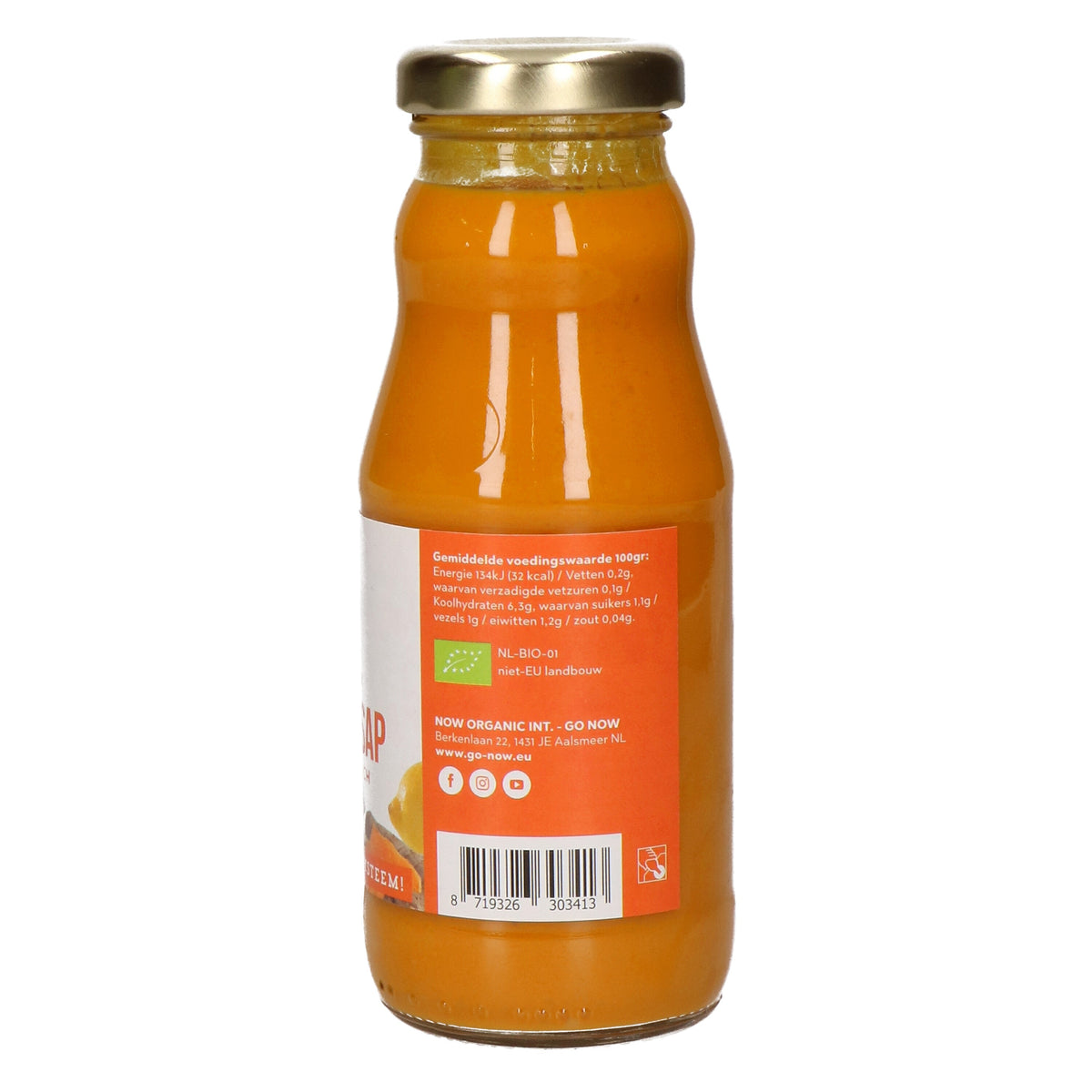Achterkant van het flesje Pure Kurkumasap 200ml met voedingswaarden en Bio-keurmerk