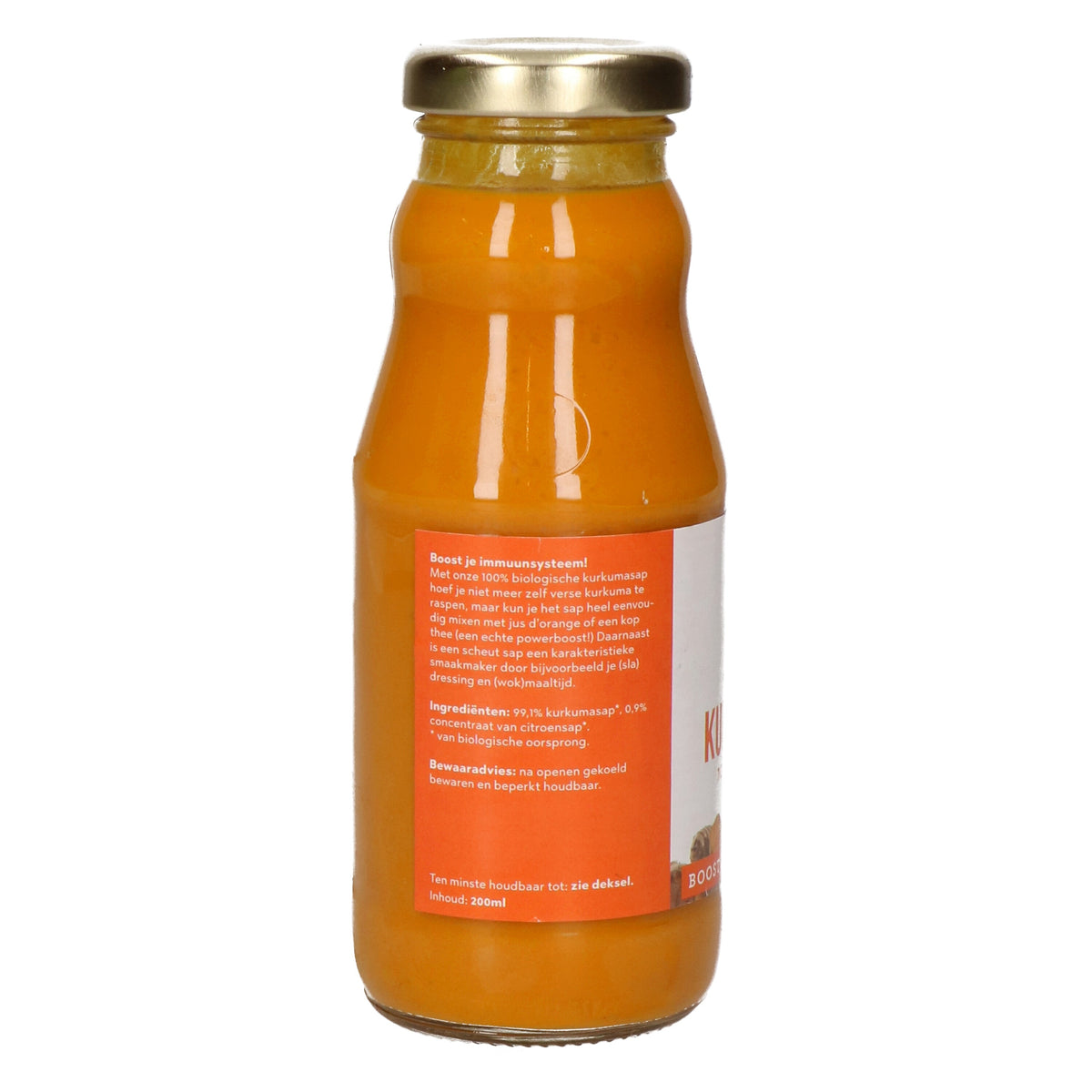 Zijkant van het flesje Pure Kurkumasap 200ml met ingrediënten en bewaaradvies