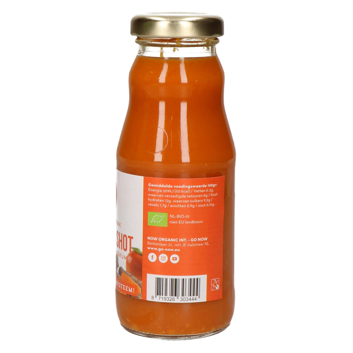 Achterkant van het flesje Kurkuma Shot 200ml met voedingswaarden en Bio-keurmerk