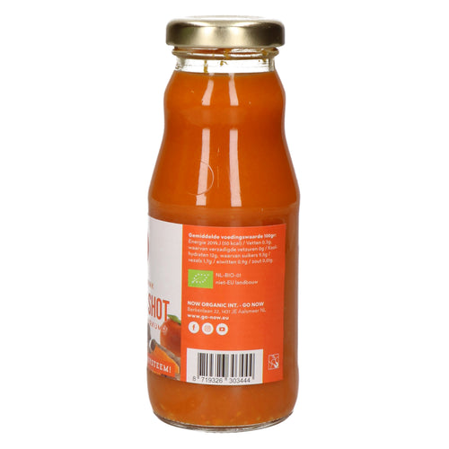 Achterkant van het flesje Kurkuma Shot 200ml met voedingswaarden en Bio-keurmerk
