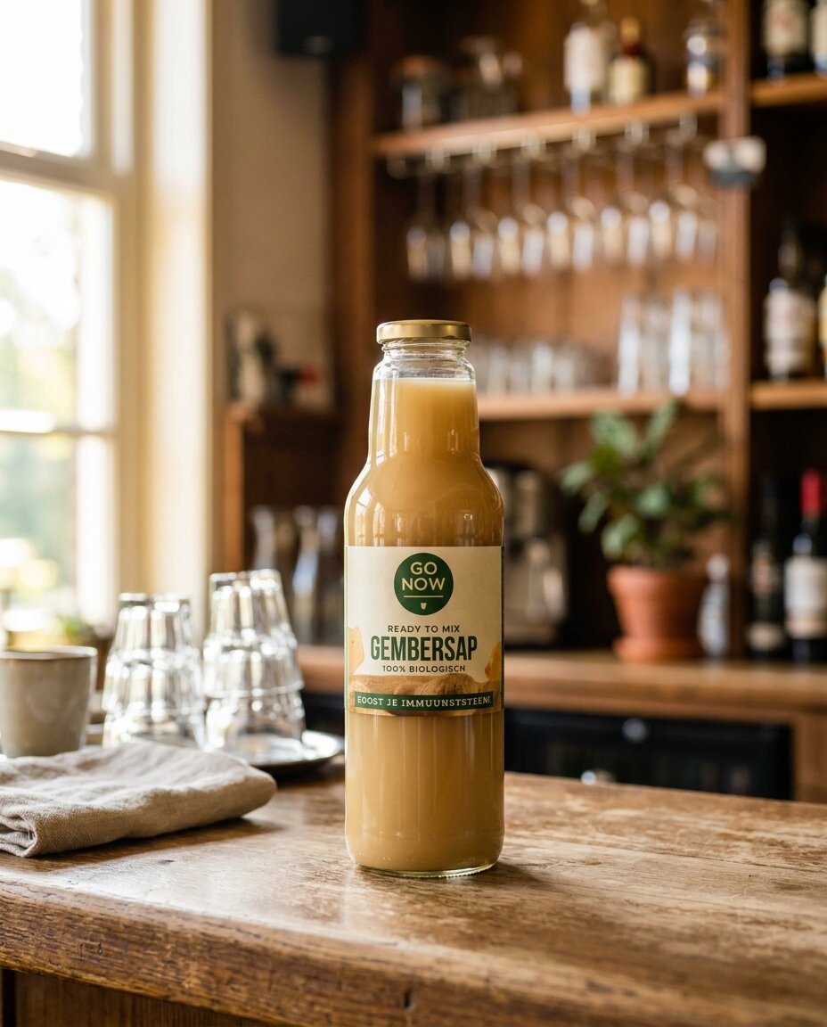 Small bottle of Go Now ginger juice on the bar of a café