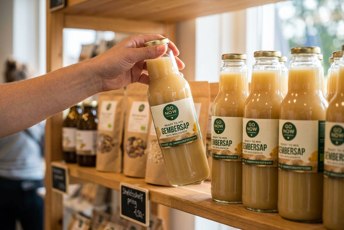 Small bottles of Go Now ginger juice on a shop shelf
