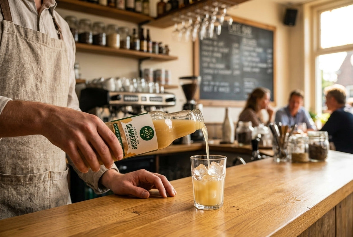 Barista pouring Go Now ginger juice in a café